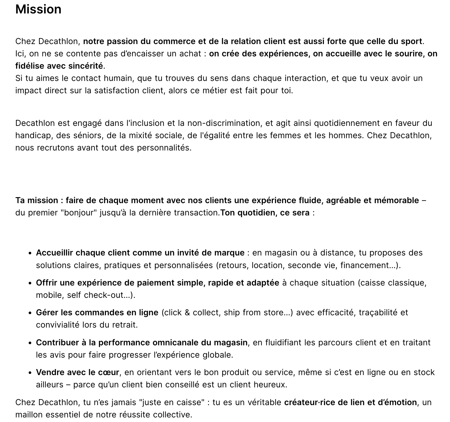 Offre d'emploi Decathlon illustrant la relation client